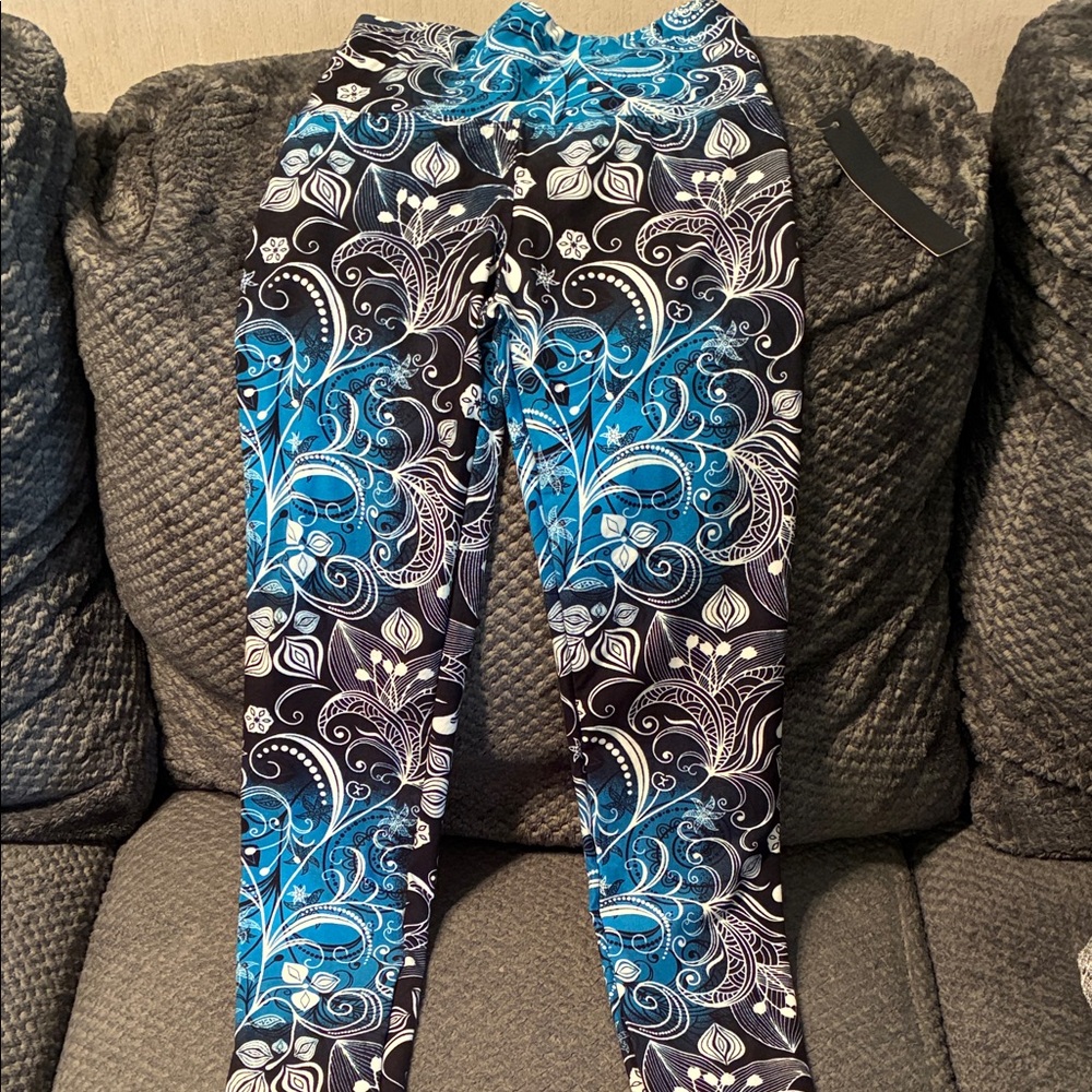 Leggings Depot Kids Leggings with Blue and Black Floral Design